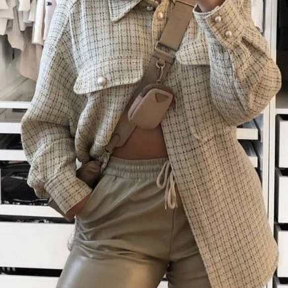 Beige button plaid pattern top.  - Picture 3 of 3